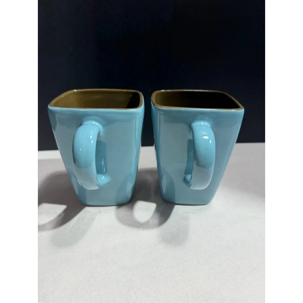 Pier 1 Hibiscus Square Stoneware Mugs Set of 2 Turquoise Blue Brown Floral
